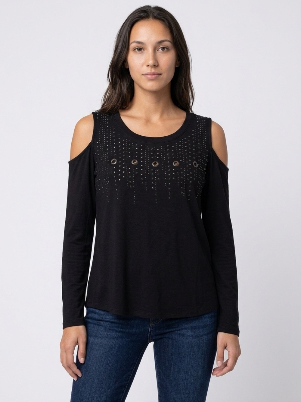 Rock & Republic Black Cold Shoulder Studded Top Womens L Long Sleeve Cutout